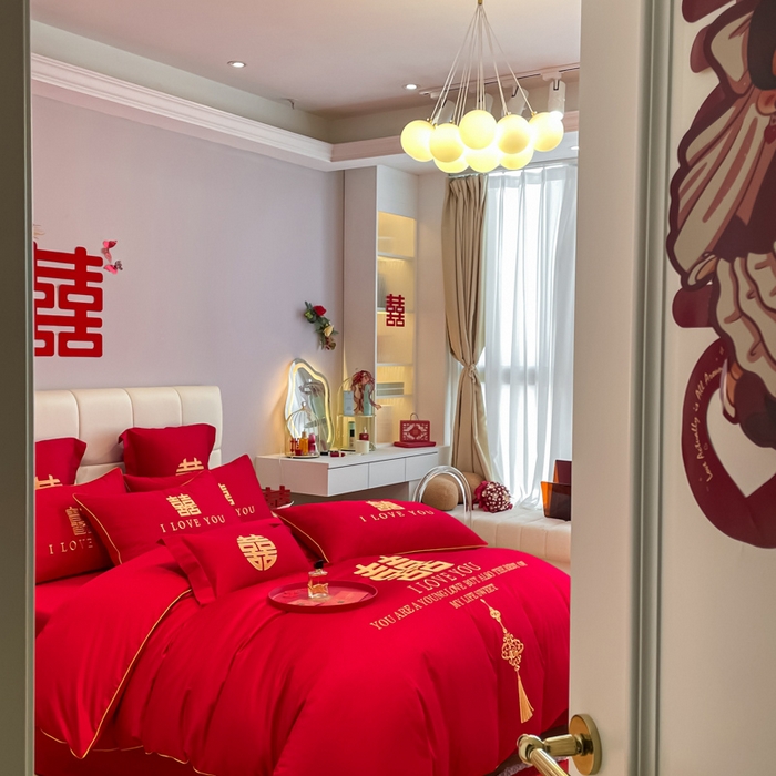 91家纺网 家纺一手货源 找家纺 欧乐蒂 2025新款亲肤棉婚庆刺绣四件套系列 今生今世