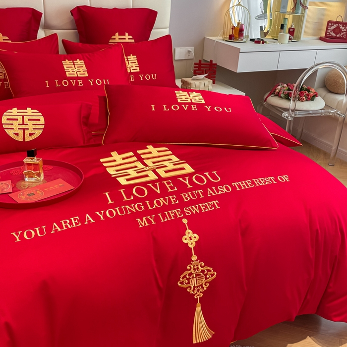 91家纺网 家纺一手货源 找家纺 欧乐蒂 2025新款亲肤棉婚庆刺绣四件套系列 今生今世