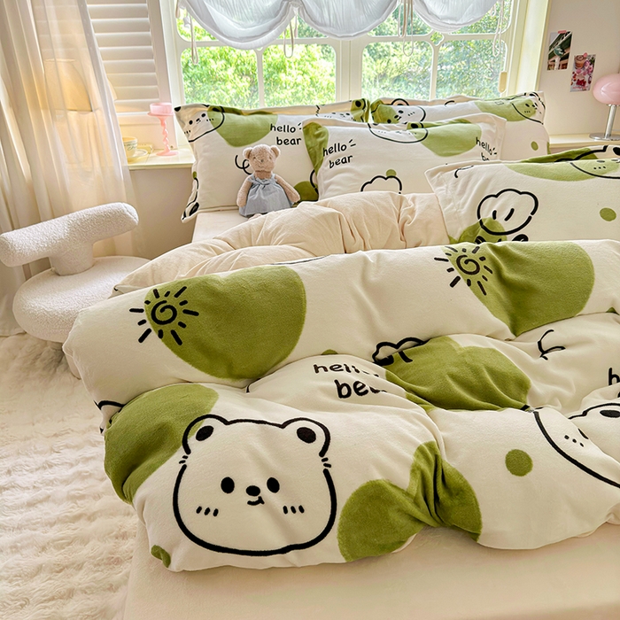 91家纺网 家纺一手货源 找家纺 呗旺鹿 2024新款高克重印花牛奶绒四件套 开心熊