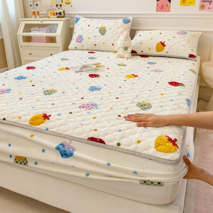 丝羽坊 2024新款A类加厚牛奶绒夹棉床笠 彩虹草莓