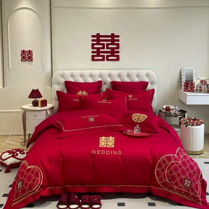 欧乐蒂 2025新款亲肤棉婚庆刺绣四件套系列 心心相印