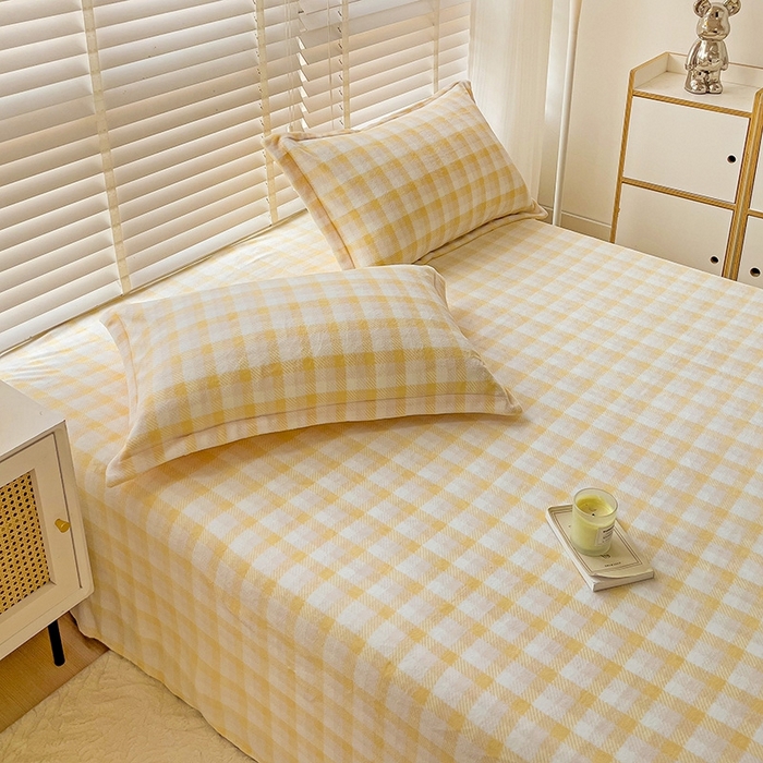 91家纺网 家纺一手货源 找家纺 简一 2024新款牛奶绒无印风ins风方格系列-单枕套 无印风方格方格-浅黄