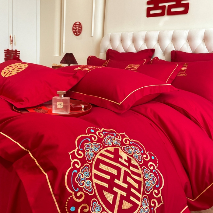 91家纺网 家纺一手货源 找家纺 欧乐蒂 2025新款亲肤棉婚庆刺绣四件套系列 双喜临门