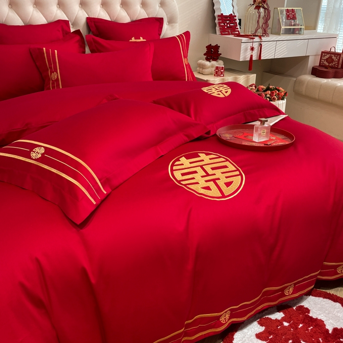 91家纺网 家纺一手货源 找家纺 欧乐蒂 2025新款亲肤棉婚庆刺绣四件套系列 爱恋