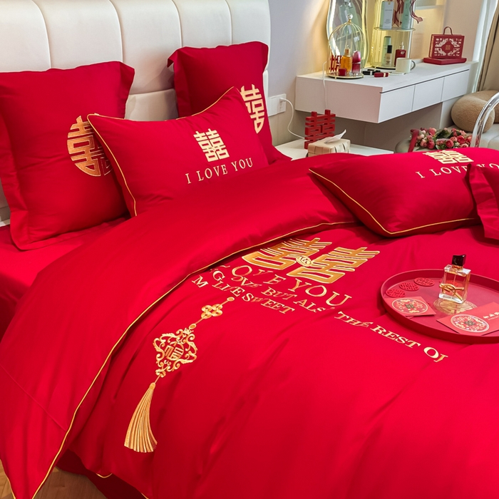 91家纺网 家纺一手货源 找家纺 欧乐蒂 2025新款亲肤棉婚庆刺绣四件套系列 今生今世