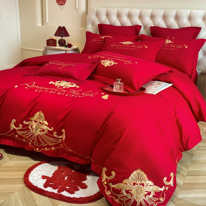 91家纺网 家纺一手货源 找家纺 欧乐蒂 2025新款亲肤棉婚庆刺绣四件套系列 锦绣佳缘