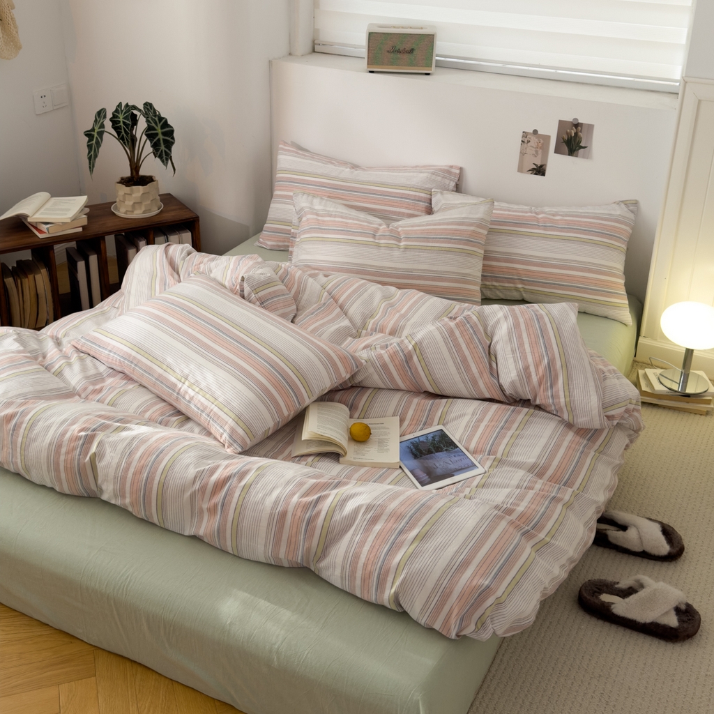 91家纺网 家纺一手货源 找家纺 久典家居 2024新款水洗棉条纹系列单被套 沐妍粉