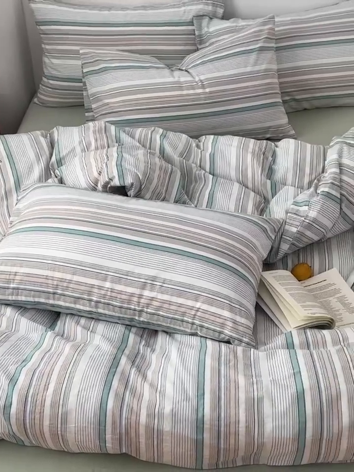 91家纺网 家纺一手货源 找家纺 久典家居 2024新款水洗棉条纹系列单被套 沐妍绿