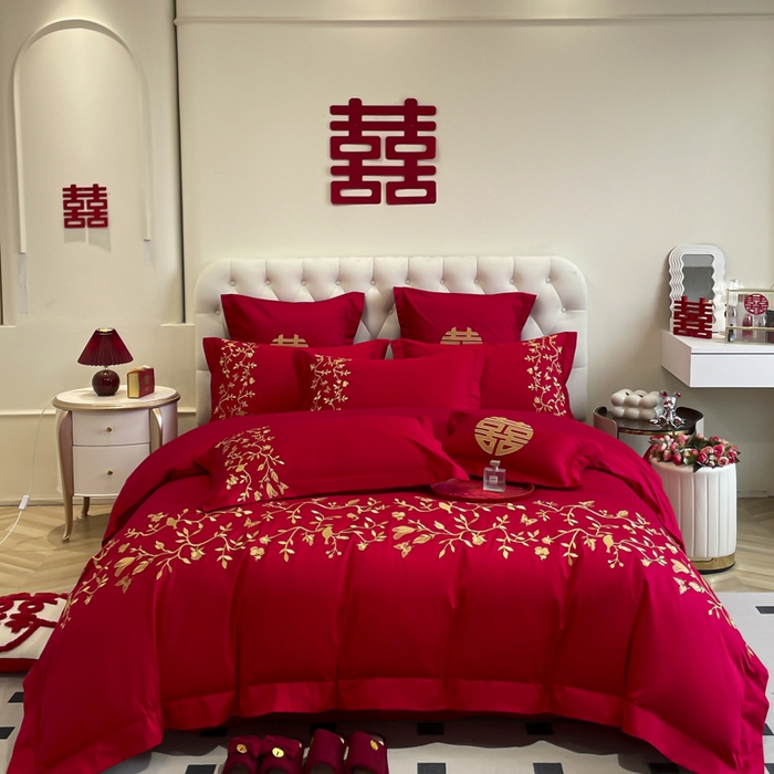 91家纺网 家纺一手货源 找家纺 欧乐蒂 2025新款亲肤棉婚庆刺绣四件套系列 喜上枝头