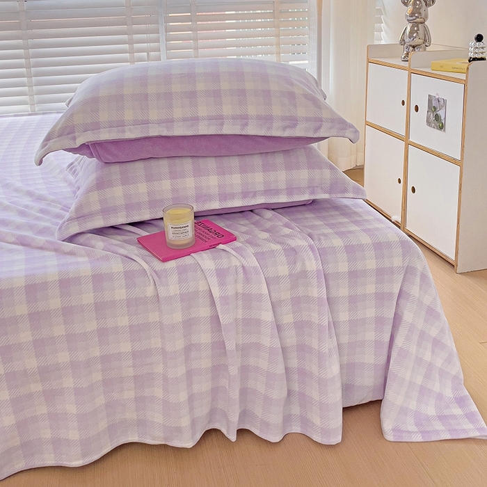 91家纺网 家纺一手货源 找家纺 简一 2024新款牛奶绒无印风ins风方格系列-单枕套 无印风方格方格-浅紫