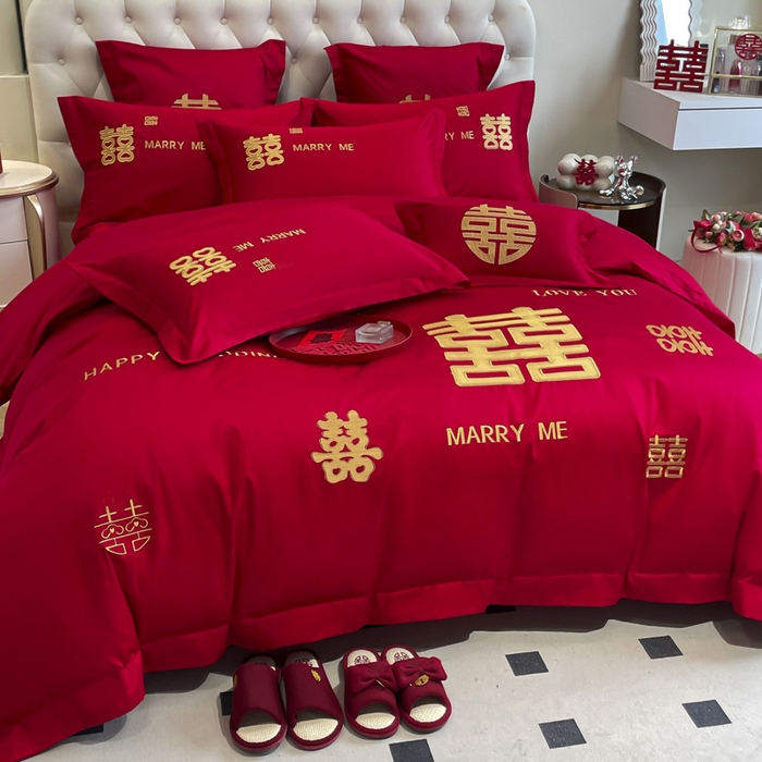 91家纺网 家纺一手货源 找家纺 欧乐蒂 2025新款亲肤棉婚庆刺绣四件套系列 大喜-金