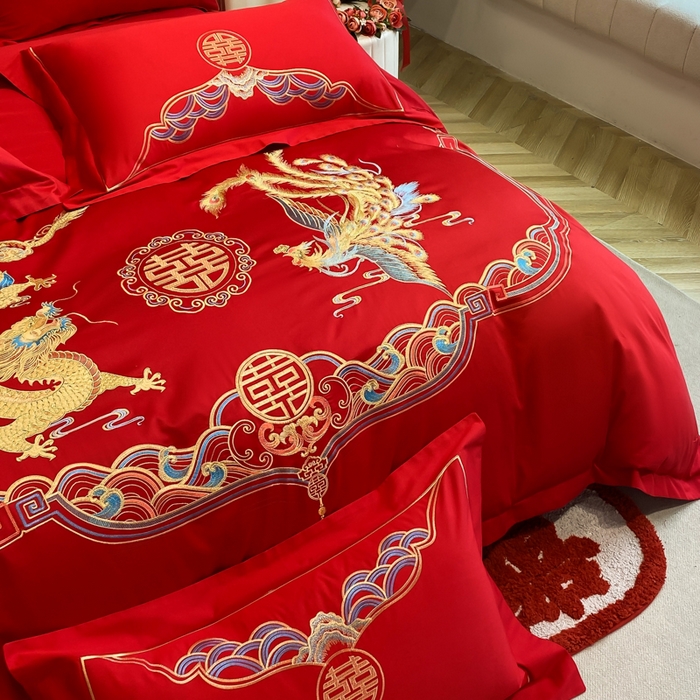 91家纺网 家纺一手货源 找家纺 欧乐蒂 2025新款亲肤棉婚庆刺绣四件套系列 龙凤瑞彩