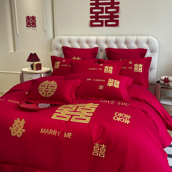 91家纺网 家纺一手货源 找家纺 欧乐蒂 2025新款亲肤棉婚庆刺绣四件套系列 大喜-金