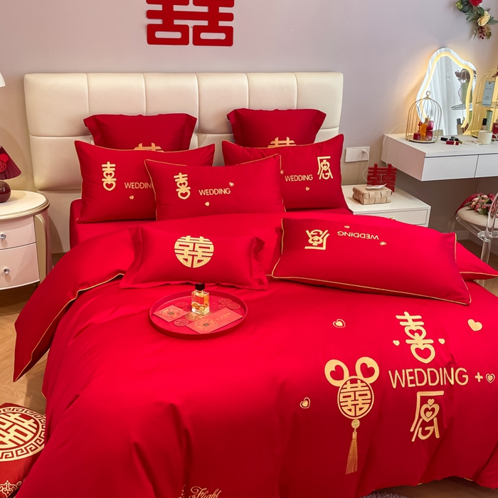 91家纺网 家纺一手货源 找家纺 欧乐蒂 2025新款亲肤棉婚庆刺绣四件套系列 喜愿