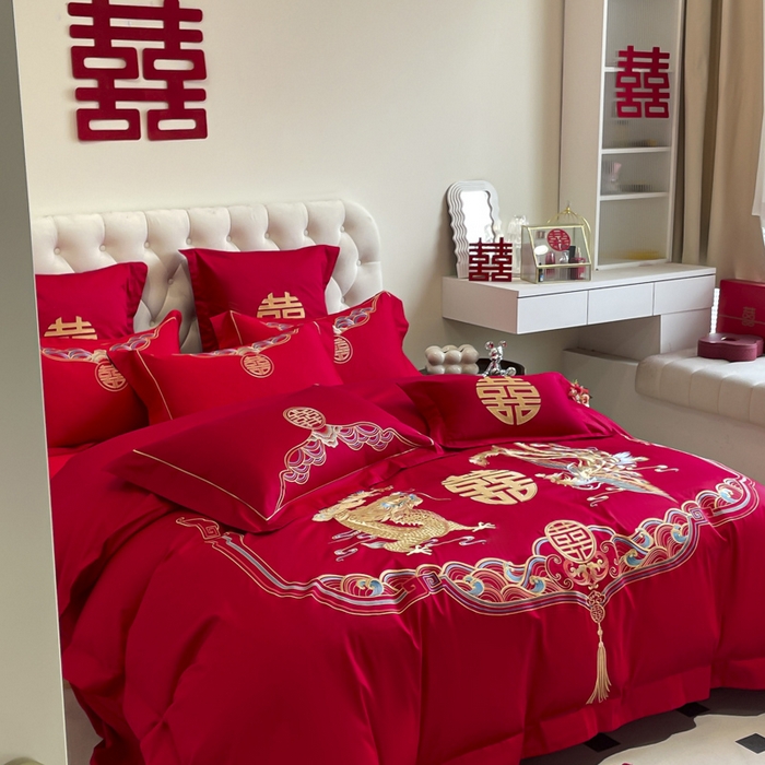 91家纺网 家纺一手货源 找家纺 欧乐蒂 2025新款亲肤棉婚庆刺绣四件套系列 龙凤瑞彩2