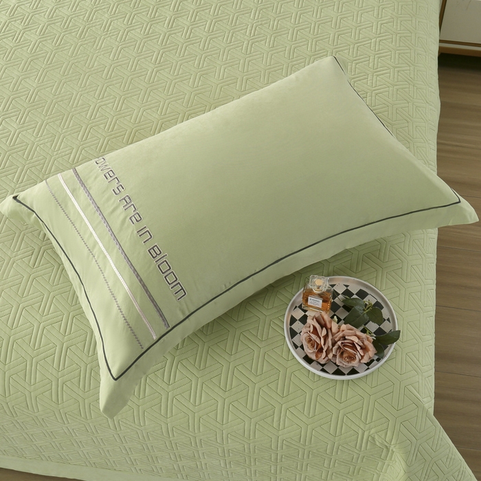 91家纺网 家纺一手货源 找家纺 OL家纺 2024新款磨毛暖绒床盖夹棉四件套刺绣轻奢风 苹果绿