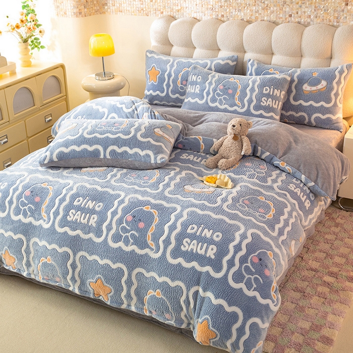 91家纺网 家纺一手货源 找家纺 慕梵家居 2024新款雪花绒卡通四件套 恐龙蓝