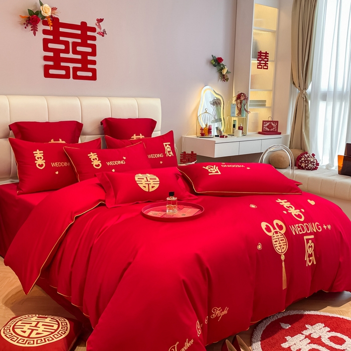 91家纺网 家纺一手货源 找家纺 欧乐蒂 2025新款亲肤棉婚庆刺绣四件套系列 喜愿