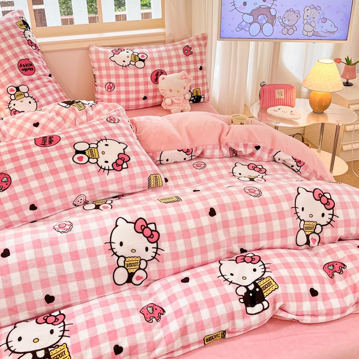 91家纺网 家纺一手货源 找家纺 桃子家居 2024新款三丽鸥卡通加厚高克重200克牛奶绒系列四件套 绒三丽鸥-粉格kitty