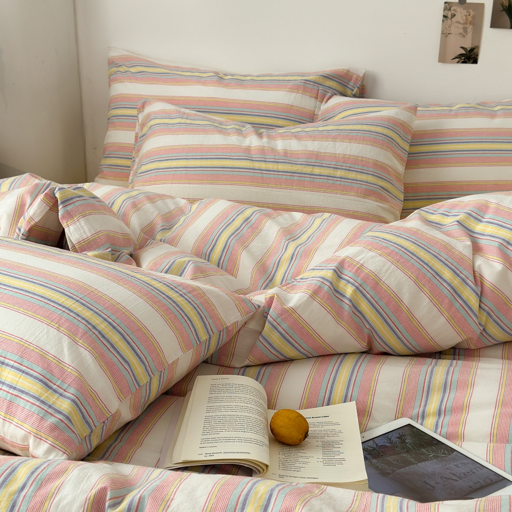 91家纺网 家纺一手货源 找家纺 久典家居 2024新款水洗棉条纹系列四件套 米娅