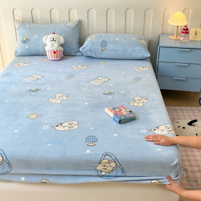 91家纺网 家纺一手货源 找家纺  星座家纺 2025新款小清新牛奶绒单床笠 早安狗