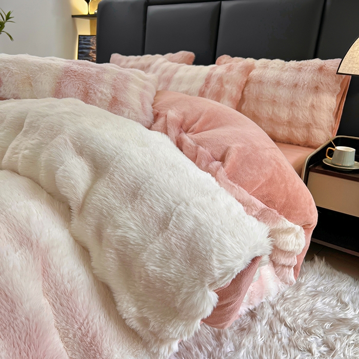 91家纺网 家纺一手货源 找家纺 金爱家 2024新品全消光A类纯色獭兔毛绒立体牛奶绒四件套-七彩泡泡 七彩泡泡粉