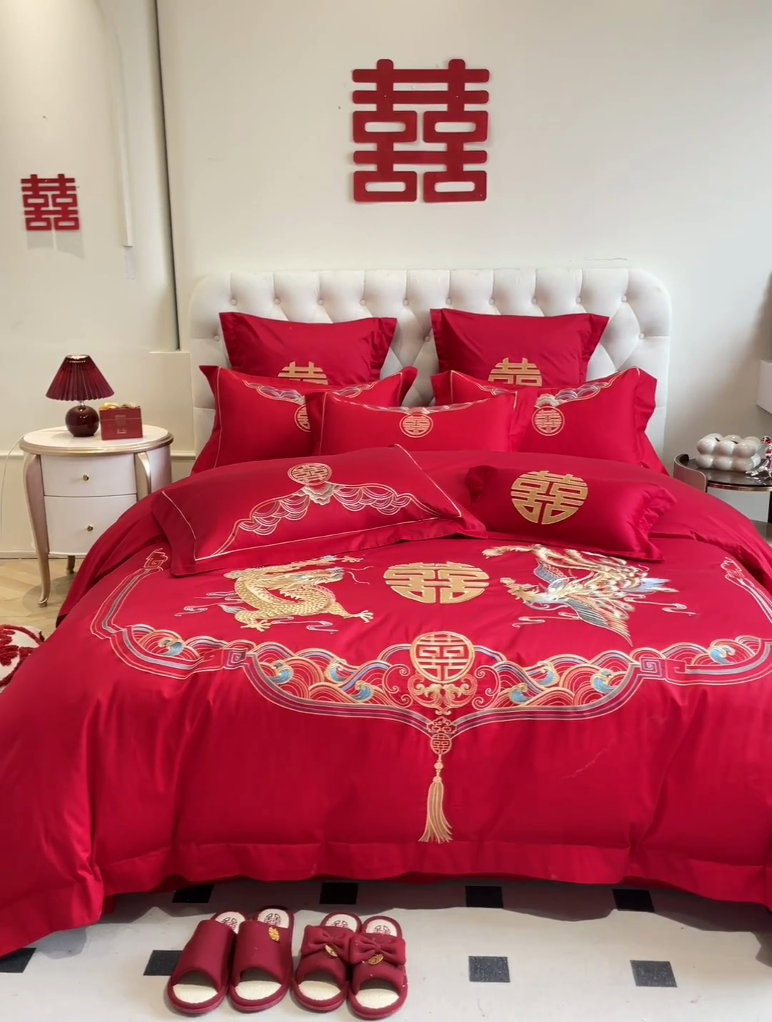 91家纺网 家纺一手货源 找家纺 欧乐蒂 2025新款亲肤棉婚庆刺绣四件套系列 龙凤瑞彩2