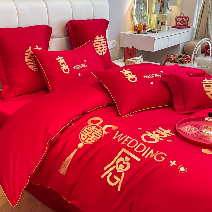 91家纺网 家纺一手货源 找家纺 欧乐蒂 2025新款亲肤棉婚庆刺绣四件套系列 喜愿