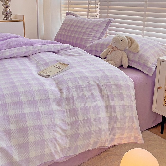 91家纺网 家纺一手货源 找家纺 简一 2025新款牛奶绒无印风ins风方格系列-四件套 无印风方格方格-浅紫