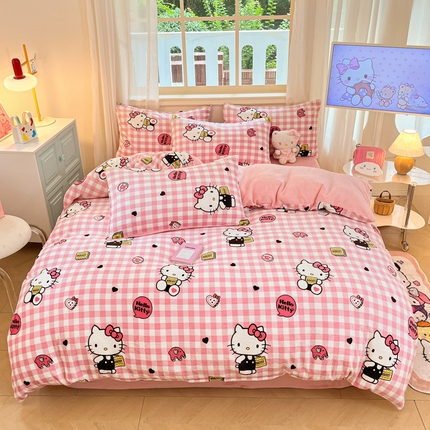 桃子家居 2024新款三丽鸥卡通加厚高克重200克牛奶绒系列四件套 绒三丽鸥-粉格kitty