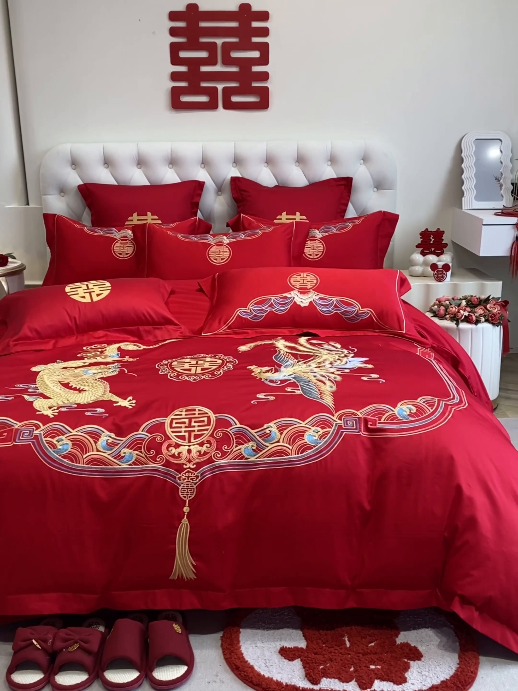 91家纺网 家纺一手货源 找家纺 欧乐蒂 2025新款亲肤棉婚庆刺绣四件套系列 龙凤瑞彩