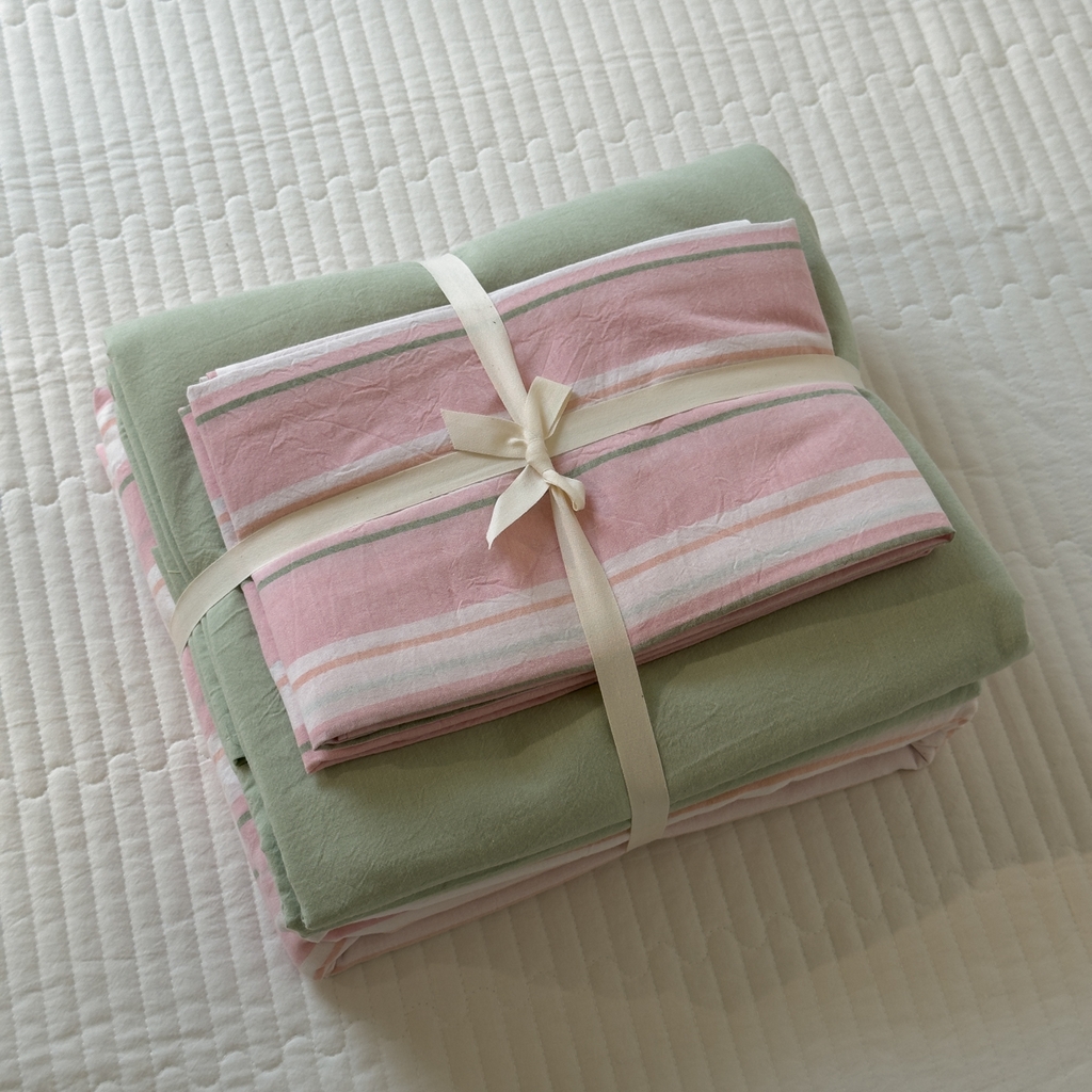 91家纺网 家纺一手货源 找家纺 久典家居 2024新款水洗棉条纹系列四件套 童话粉