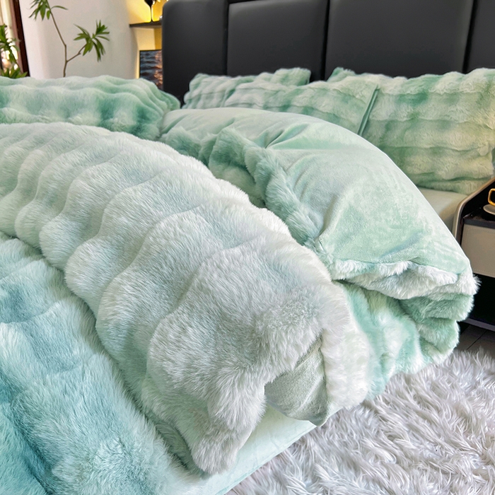 91家纺网 家纺一手货源 找家纺 金爱家 2024新品全消光A类纯色獭兔毛绒立体牛奶绒四件套-七彩泡泡 七彩泡泡绿