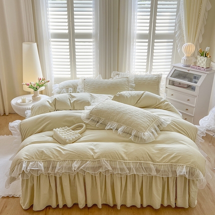 91家纺网 家纺一手货源 找家纺 网红馆（ck家纺） 2025新款优舒棉花边床裙四件套-轻舞 轻舞-柚黄