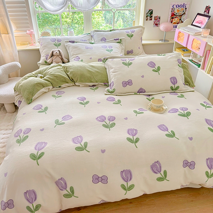 91家纺网 家纺一手货源 找家纺 呗旺鹿 2024新款高克重印花牛奶绒四件套 郁金香