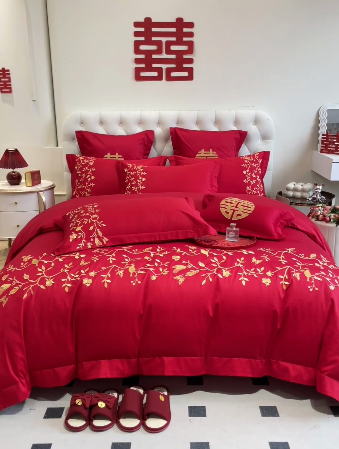 91家纺网 家纺一手货源 找家纺 欧乐蒂 2025新款亲肤棉婚庆刺绣四件套系列 喜上枝头