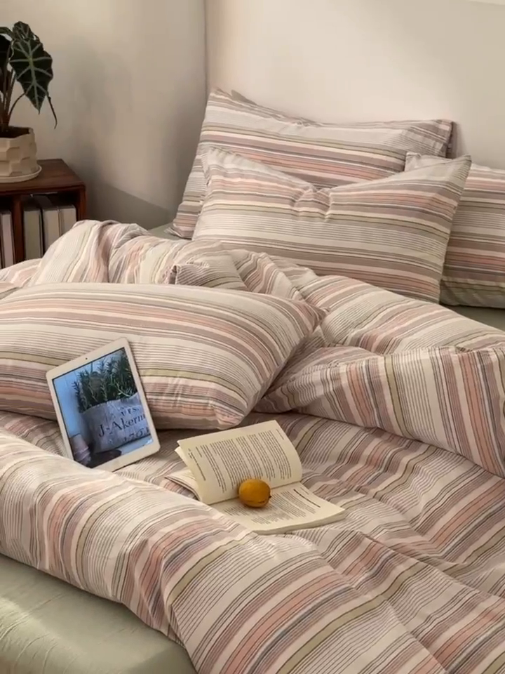 91家纺网 家纺一手货源 找家纺 久典家居 2024新款水洗棉条纹系列单被套 沐妍粉