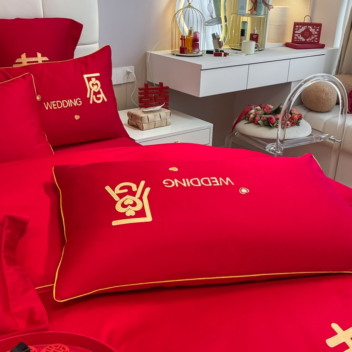 91家纺网 家纺一手货源 找家纺 欧乐蒂 2025新款亲肤棉婚庆刺绣四件套系列 喜愿