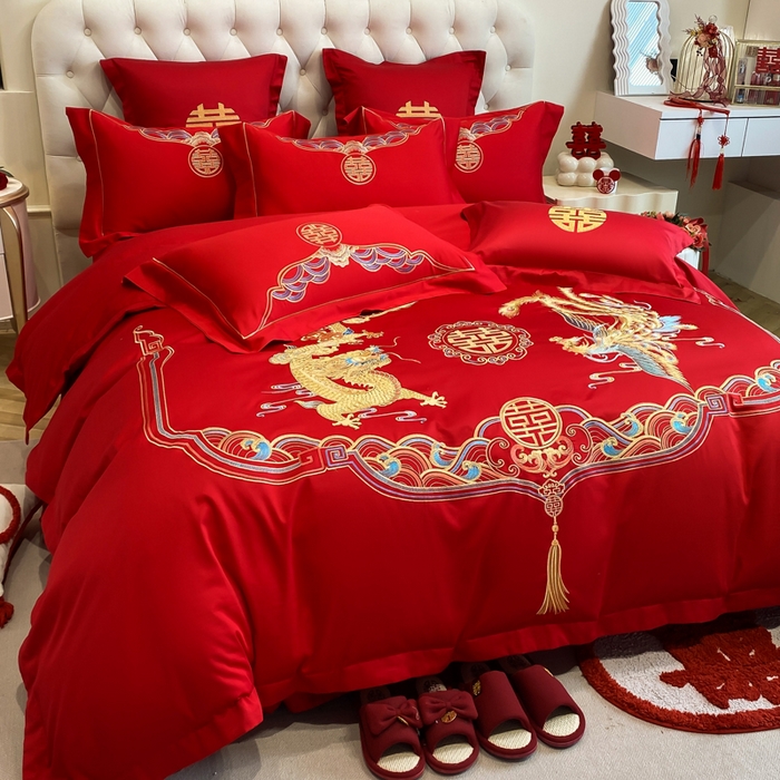 91家纺网 家纺一手货源 找家纺 欧乐蒂 2025新款亲肤棉婚庆刺绣四件套系列 龙凤瑞彩