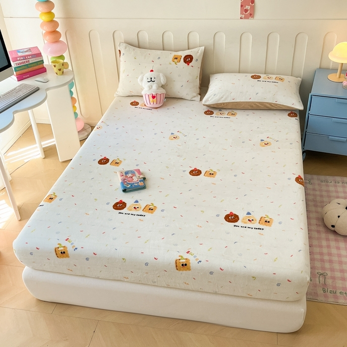 91家纺网 家纺一手货源 找家纺  星座家纺 2025新款小清新牛奶绒单床笠 曲奇饼干