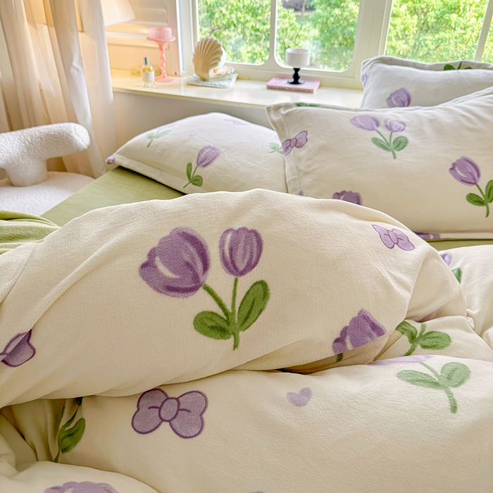 91家纺网 家纺一手货源 找家纺 呗旺鹿 2024新款高克重印花牛奶绒四件套 郁金香