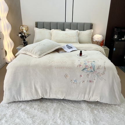 91家纺网 家纺一手货源 找家纺 鑫利来家纺 2024新款牛奶绒四件套加厚保暖绣花四件套铃兰系列 铃兰-奶白