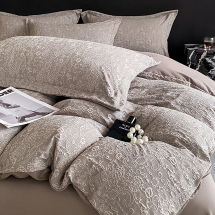 91家纺网 家纺一手货源 找家纺 2025新款水洗棉双层纱提花四件套-洛伊 洛伊深咖