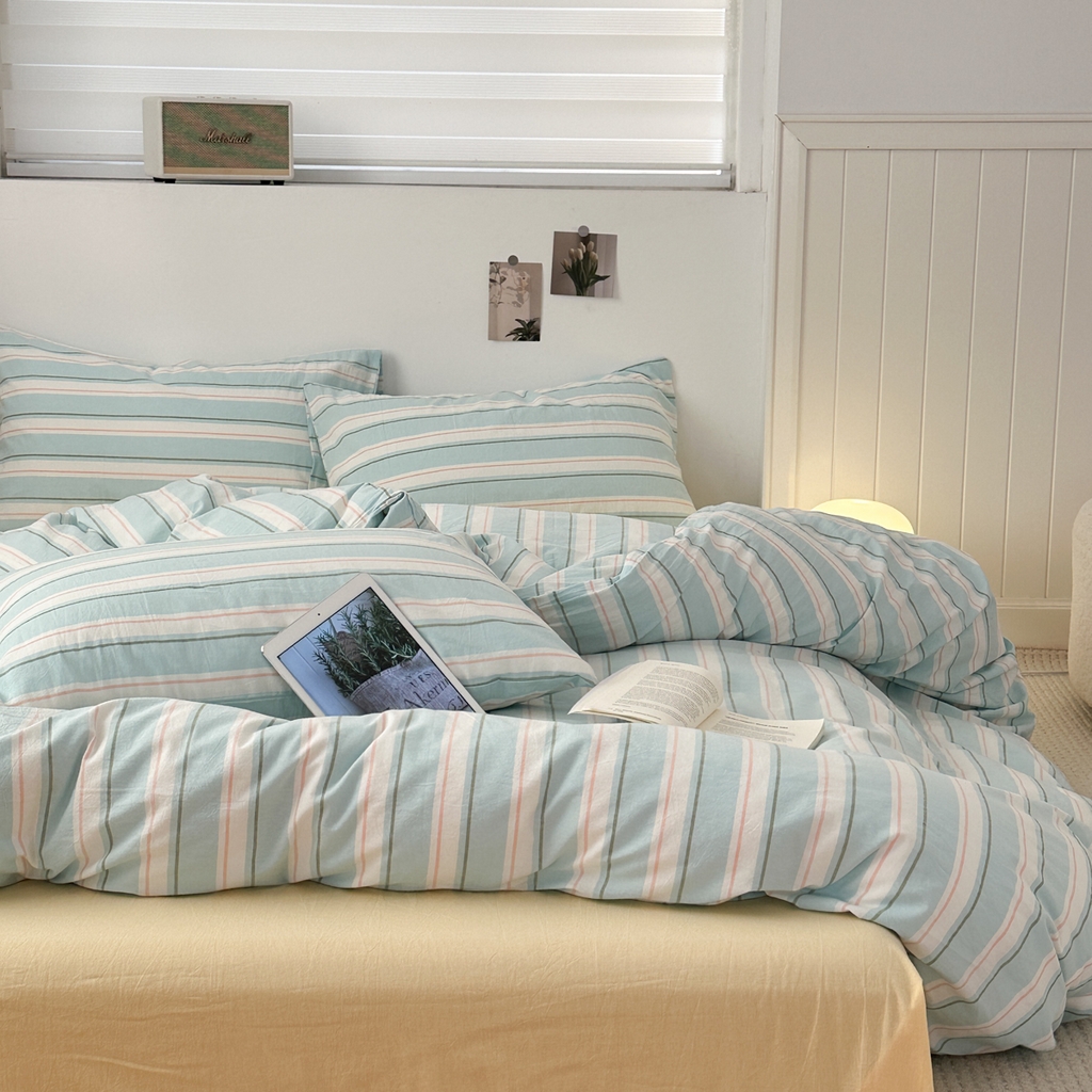 91家纺网 家纺一手货源 找家纺 久典家居 2024新款水洗棉条纹系列单被套 童话蓝