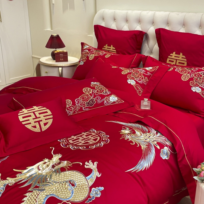 91家纺网 家纺一手货源 找家纺 欧乐蒂 2025新款亲肤棉婚庆刺绣四件套系列 龙飞凤舞