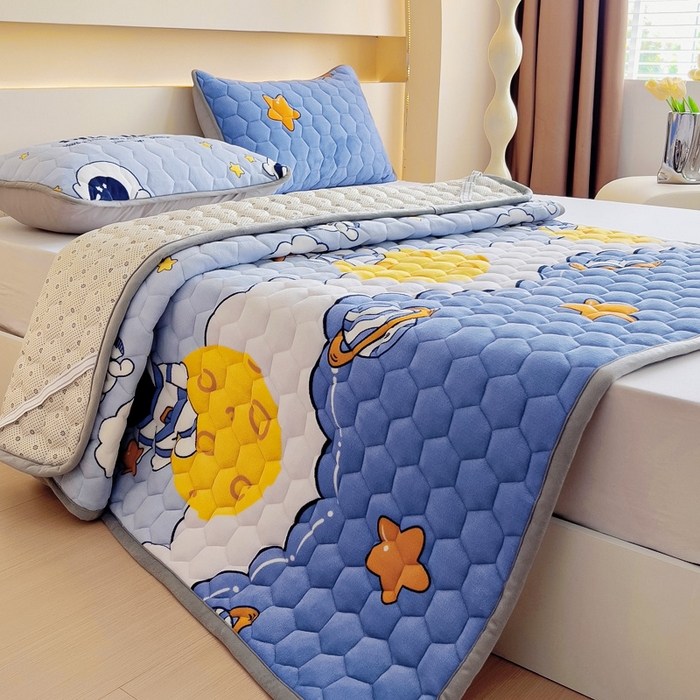 91家纺网 家纺一手货源 找家纺 情煊家纺 2024新款A类牛奶绒印花夹棉床垫 太空漫步