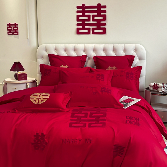 91家纺网 家纺一手货源 找家纺 欧乐蒂 2025新款亲肤棉婚庆刺绣四件套系列 大喜-红