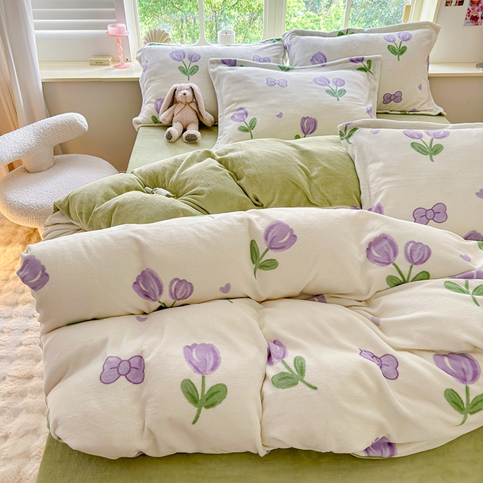 91家纺网 家纺一手货源 找家纺 呗旺鹿 2024新款高克重印花牛奶绒四件套 郁金香