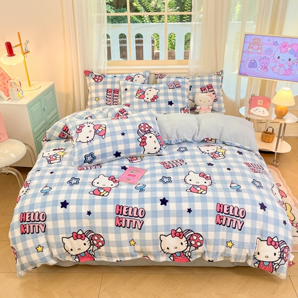 桃子家居 2024新款三丽鸥卡通加厚高克重200克牛奶绒系列四件套 绒三丽鸥-蓝格星星kitty