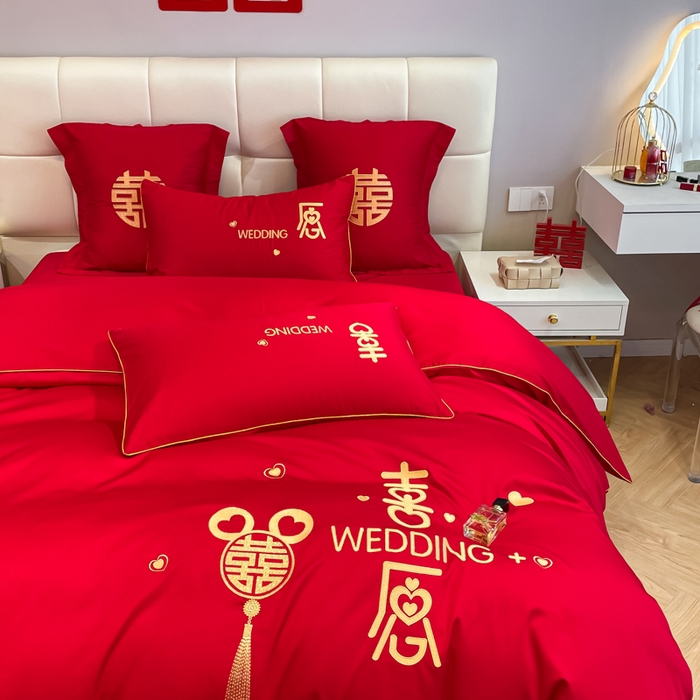 91家纺网 家纺一手货源 找家纺 欧乐蒂 2025新款亲肤棉婚庆刺绣四件套系列 喜愿